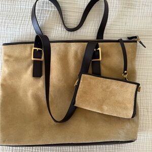 Levenger Tan Suede Tote with Black Straps